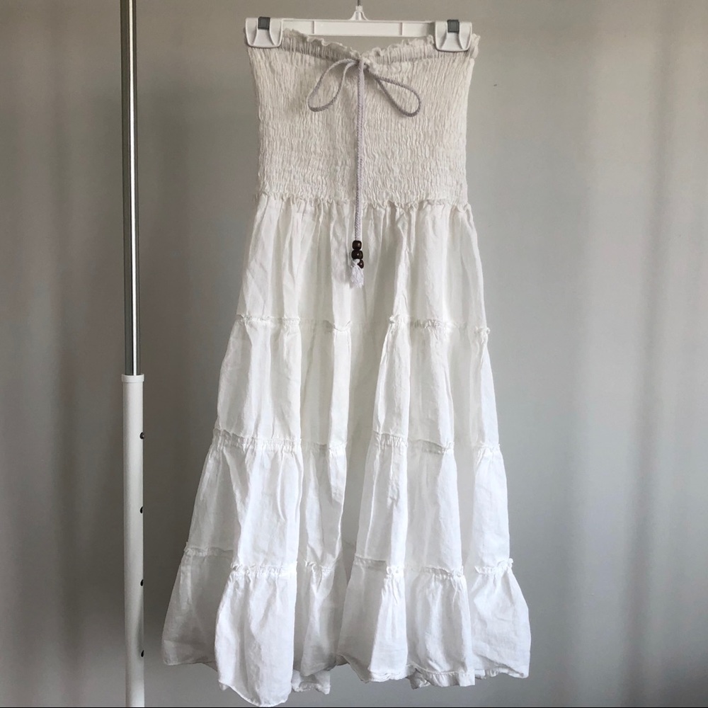 White Strapless Midi Dress with Ruching